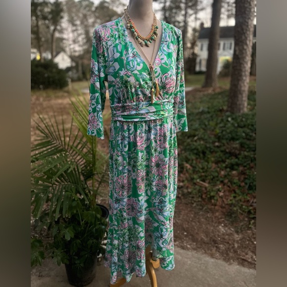 Lilly Pulitzer 🏝️ Moana 34 Sleeve Maxi Dress Spearmint Blossom XL EUC